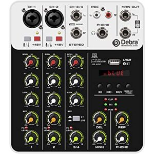 D Debra Professional Mixer,4 Channel Mixer con MP3/USB Bluetooth, alimentazione Phantom 48V,Stereo DJ Mixer per trasmissioni dal vivo,matrimoni,feste,registrazioni registrazione,streaming live (Bianco)