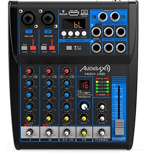 Audibax MG04 USB Console di Missaggio Audio Mixer Audio a 4 Canali Interfaccia USB per Lettore e Registratore Connessione Bluetooth e MP3 Multieffetto DSP Alimentazione Phantom 48 V