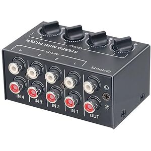 Aveek Mini Mixer audio 4 canali RCA Line L/R Scatola di controllo Mixer stereo passivo Ingressi RCA Uscita Controlli del volume separati per piccolo club bar o studio di registrazione