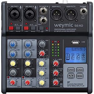 WEYMIC Professional Mixer for Recording DJ Stage Karaoke w/USB Drive for Computer Recording Input, XLR Microphone Jack, 48V Power(4-Channel)