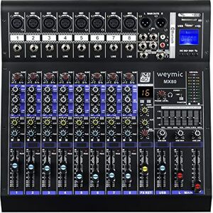 WEYMIC MX-80 Mixer professionale (8 canali) per la registrazione DJ Stage Karaoke DSP Effector w/USB Drive per l'ingresso di registrazione, XLR Microphone Jack, alimentazione 48V, uscita RCA