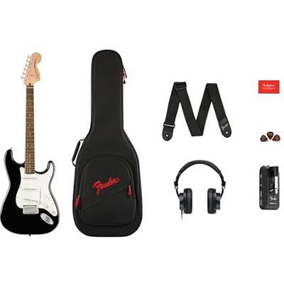 Fender Squier by Affinity Stratocaster Chitarra Elettrica & Mustang Micro Pack, Nero, Tastiera in Acero, Include Gig Bag, Tracolla, Cuffie, Plettri e 3 Mesi di Play Gratis Fender Squier by Affinity Stratocaster Chitarra Elettrica & Mustang Micro Pack, Nero, Tastiera in Acero, Include Gig Bag, Tracolla, Cuffie, Plettri e 3 Mesi di Play Gratis