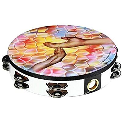 Remo World Percussion Lode Tamburello 10" Doppio Fila – Motivo: mani che toccano, Telaio Acousticon, Bianco, 8 Coppie di Piattini, Accordato Fisso, Leggero – Remo World Percussion Lode Tamburello 10" Doppio Fila – Motivo: mani che toccano, Telaio Acousticon, Bianco, 8 Coppie di Piattini, Accordato Fisso, Leggero –