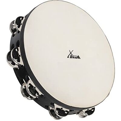 XDrum TMF10-BK Tamburello 10" con Pelle, Diametro: 10" (25, 4 cm) 4 cm), 16 coppie di jingles in acciaio inox, Doppia fila, Pelle naturale selezionata, Cornice in acero nera, Altezza: 5, 5 cm XDrum TMF10-BK Tamburello 10" con Pelle, Diametro: 10" (25, 4 cm) 4 cm), 16 coppie di jingles in acciaio inox, Doppia fila, Pelle naturale selezionata, Cornice in acero nera, Altezza: 5, 5 cm