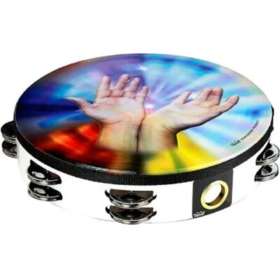 Remo World Percussion Lode Tamburello 10" Doppio Fila – Motivo: mani che ricevono, Telaio Acousticon, Bianco, 8 Coppie di Piattini, Accordato Fisso, Leggero – Remo World Percussion Lode Tamburello 10" Doppio Fila – Motivo: mani che ricevono, Telaio Acousticon, Bianco, 8 Coppie di Piattini, Accordato Fisso, Leggero –