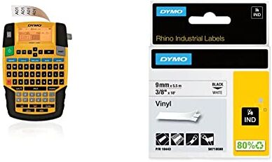 Dymo Rhino 4200 Etichettatrice professionale, Tastiera Qwerty, 19mm, Giallo/Nero & Rhino etichette industriali in vinile autoadesive, rotolo da 9 mm x 5,5 m, stampa nera su bianco, 18443