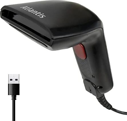 Atlantis A08-C100 Lettore Codici a Barre Barcode reader scanner 1D Ottico a contatto, 120 scansioni sec, legge da smartphone, codice farmaceutico, collegamento USB, guida rapida di installazione.