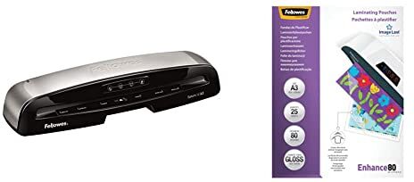 Fellowes Plastificatrice Saturn 3i A3, per piccolo ufficio, 80-125 Micron, riscaldamento 1 minuto. 10 pouches omaggio & 5396403 Pouches Lucide Enhance80,Formato A3, 80 Micron, Confezione da 25 Pezzi