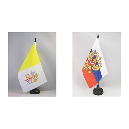 AZ FLAG Bandiera da Tavolo Città del Vaticano 21x14cm Piccola BANDIERINA VATICANA 14 x 21 cm & Bandiera da Tavolo Russia con Aquila 21x14cm Piccola BANDIERINA Russa con Stemma 14 x 21 cm