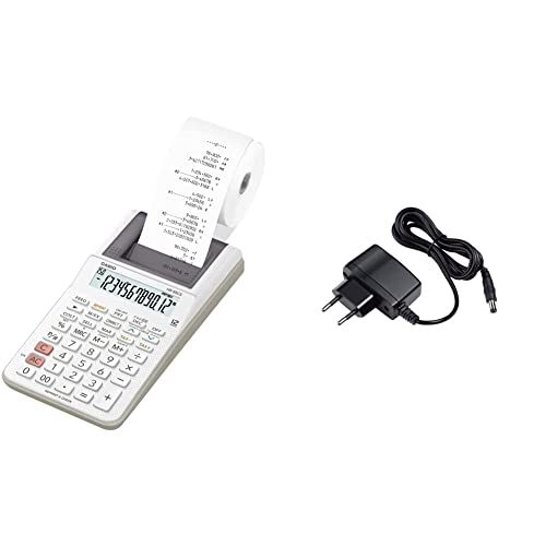 Casio HR-8RCE-WE Calcolatrice Scrivente Bianca Portatile, Bianco & ADA-60024 Alimentatore, nero