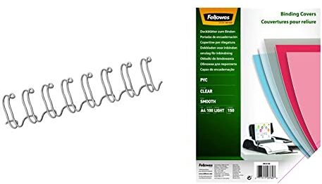 Fellowes Binding Wires Dorsi Metallici, 3:1, 8 Mm, Argento, 100 Pezzi & 5376001 Copertine Per Rilegatura In Pvc Trasparente, Formato A4, 150 Micron, Confezione Da 100 Pezzi