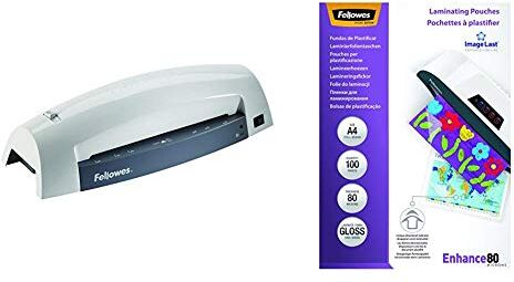 Fellowes 5715601 Plastificatrice a Caldo Lunar A4, 30 cm/min, 2 Rulli & 5306114 Pouches Di Plastificazione, Formato A4, 80 Micron, Confezione da 100 Pezzi