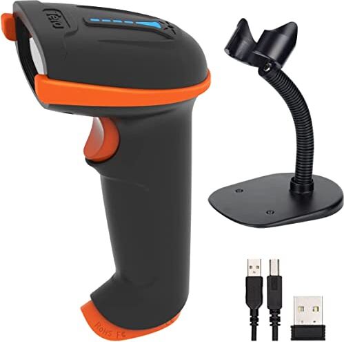 Tera Lettore di codici a barre 1D 2D QR senza fili 2,4 GHz + cavo USB 2,0, lettore di codici a barre con supporto, risoluzione 5 mil, portata 100 m, D5100.