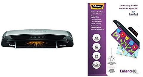 Fellowes Plastificatrice Saturn 3i A3, 80-125 Micron, 10 pouches omaggio + Pouches Lucide Enhance80, Formato A3, 100 pezzi