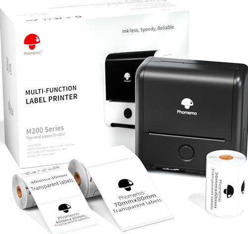 Phomemo M200 Stampante per Etichette portatile Set, 80mm Stampante Etichette adesive Bluetooth etichettatrice termica con 3 Rotoli Etichette, Per vendita al dettaglio, commerciale, ufficio- Nero