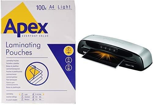 Fellowes 6003201 Apex Pouches di Plastificazione, Formato A4, 100 Pezzi +  572480110 Plastificatrice Saturn 3i A4, 80-125 Micron