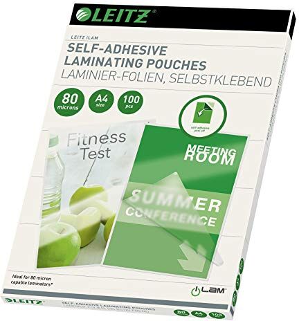 Leitz Pellicole di Laminazione, A4, Self-Adhesive (2 x 80 Micron), Confezione da 100, Transparente