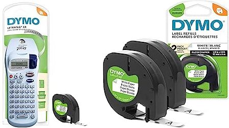 Dymo LetraTag XR Etichettatrice Palmare   Macchina etichettatrice portatile con tastiera in stile ABC & LetraTag etichette di carta autoadesiva, rotolo da 12 mm x 4 m, stampa nera su bianco, 2 pezzi