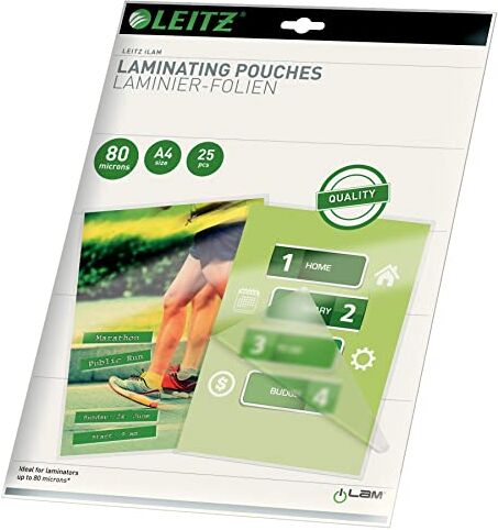 Leitz Quality Pouch per Plastificazione a Caldo, A4, Quality (2 x 80 Micron), Confezione da 25, Transparente