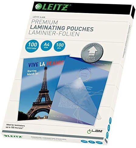 Leitz UDT Pellicole di Laminazione, A4, Premium (2 x 100 Micron), Confezione da 100, Transparente