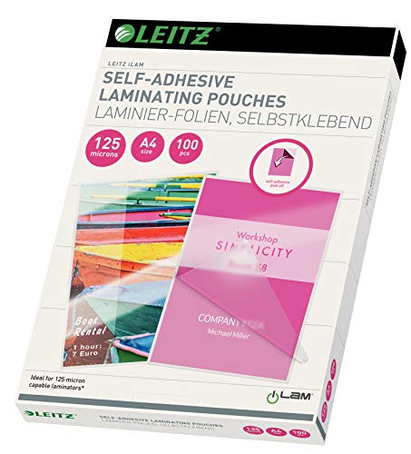 Leitz Pellicole di Laminazione, A4, Self-Adhesive (2 x 125 Micron), Confezione da 100, Transparente