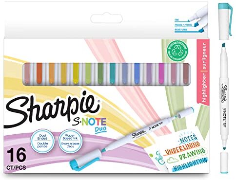 SHARPIE S-Note Duo evidenziatori   Pennarelli creativi a punta doppia in colori pastello   Punta a proiettile e punta a scalpello per sottolineare  16 pezzi