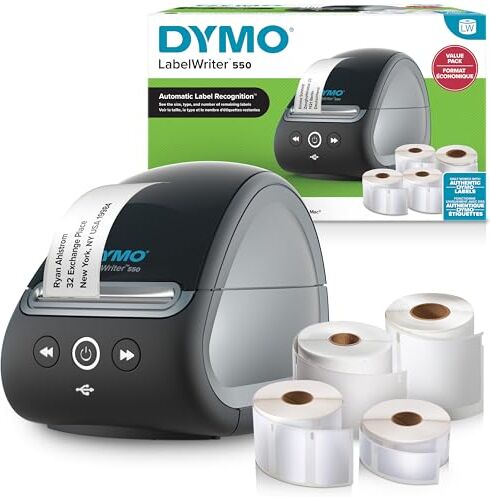 Dymo LabelWriter 550 stampante di etichette Bundle   Etichettatrice con stampa termica diretta   Riconoscimento automatico delle etichette   Spina UE a due poli