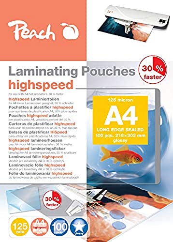 Peach PP525 – 22 High Speed Pouches   DIN A4 finitura lucida   2 X 125 Mic   100 Pouches     compatibile con dispositivi di qualsiasi marca Laminate produttore, 100 Pezzi