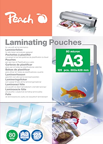 Peach PP580-01P Fogli per plastificazione, formato DIN A3, 80 micron, 125 pezzi