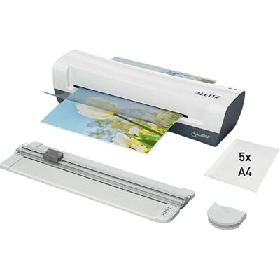 Leitz iLAM Set 4-in-1 Macchina Plastificatrice a Caldo A4, Confezione da 5 Pouch da 80 Micron, Taglierina e Arrotondatore degli Angoli, per l'Uso a Casa o in Ufficio, Bianco e Grigio, Leitz iLAM Set 4-in-1 Macchina Plastificatrice a Caldo A4, Confezione da 5 Pouch da 80 Micron, Taglierina e Arrotondatore degli Angoli, per l'Uso a Casa o in Ufficio, Bianco e Grigio,