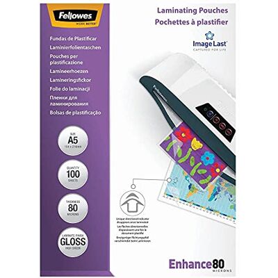 Fellowes ® Pellicola plastificatrice Enhance – A5, lucida, 80 mym, 100 pezzi; contenuto della confezione: 100 pezzi Fellowes ® Pellicola plastificatrice Enhance – A5, lucida, 80 mym, 100 pezzi; contenuto della confezione: 100 pezzi