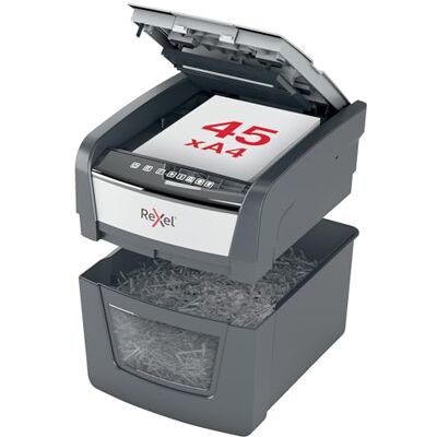 Rexel Optimum Auto Feed+ 45X, Distruggidocumenti Automatico, 45-50 Fogli (80-70 gr/mq), Taglio a Frammento, Livello di Sicurezza P-4, per la Casa e per l’Ufficio, Capacità 20 Litri, Rexel Optimum Auto Feed+ 45X, Distruggidocumenti Automatico, 45-50 Fogli (80-70 gr/mq), Taglio a Frammento, Livello di Sicurezza P-4, per la Casa e per l’Ufficio, Capacità 20 Litri,