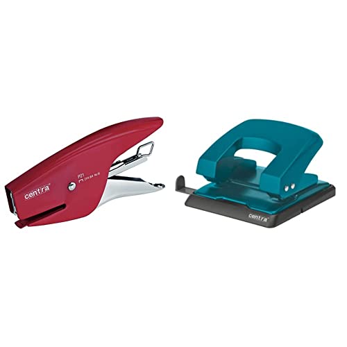 Esselte Centra P21 Cucitrice a Pinza in Metallo, 15 Fogli, Compatibile con Punti 21/4, Rosso + Perforatore HP 30, Fino a 30 Fogli, Blu