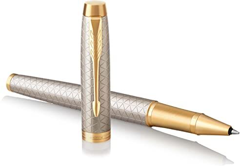 Parker IM Premium Penna Roller, Punta Fine e Ricarica di Inchiostro Nero, Warm Silver Golden Trim