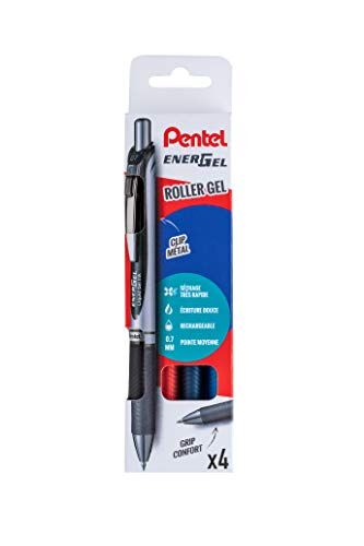 Pentel Energel BL77 Confezione di 4 penne roller con inchiostro gel retrattile, punta media, 0,7 mm, colore: Nero, Blu notte, Blu e Rosso