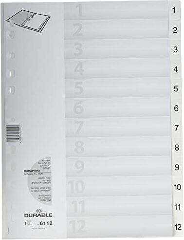 Durable Divisorio con tasti prestampati 1-12, f.to A4 verticale, 12 tasti, copertina personalizzabile, foratura universale, bianco