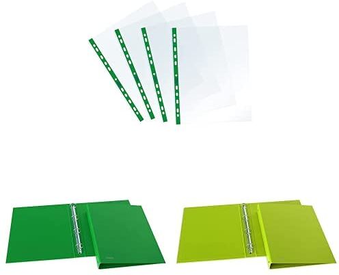 Favorit Pacchetto  Sprint: Raccoglitori ad Anelli in Cartone, 22 x 30 cm, 4 Anelli Tondi da 30mm, verde + 25 Buste Foratura Universale Alto Spessore con Banda Colorata verde, 22X30 cm