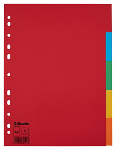 Esselte Divisori per Raccoglitori con 5 Tasti, Formato A4, Rosso/Multicolore, Cartoncino Robusto Riciclato,