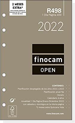 finocam Ricambio annuale 2022  giorno pagina, da gennaio 2022 a dicembre 2022 (2 mesi) 400-9 x 52 mm Open Spagnolo