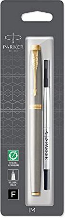 Parker IM Penna Roller, Punta Fine e Ricarica di Inchiostro Nero, Confezione Blister, Brushed Metal Golden Trim