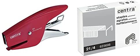 Esselte Centra P21 Cucitrice a Pinza in Metallo, 15 Fogli, Compatibile con Punti 21/4, Rosso + Punti 21/4 mm, Confezione da 2000 Pezzi