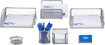 Relaxdays Set da Scrivania, Cancelleria Ufficio, 7 Pezzi, Sparti-Carte, Porta Foglietti, Portapenne, Argento