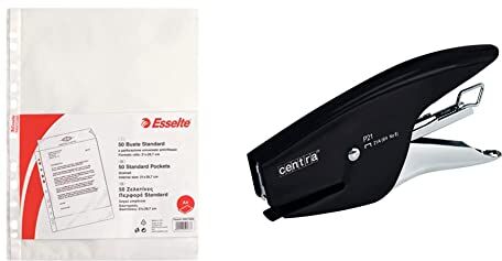 Esselte Buste Perforate Standard, 50 Buste, A4 + Centra Cucitrice a Pinza P21, Compatibile con Punti 21/4 mm, Nero