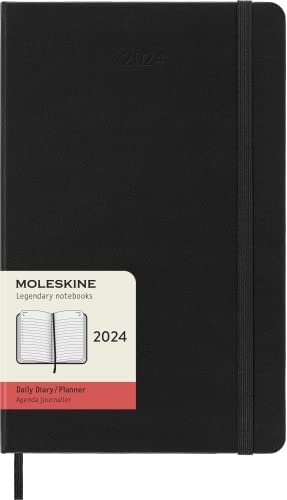 Moleskine Agenda Giornaliera 12 Mesi 2024, Agenda 2024, Formato Large 13x21, Copertina Rigida e Chiusura Elastica, Colore Nero