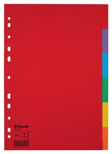 Esselte Divisori per Raccoglitori con 6 Tasti, Formato A4, Rosso/Multicolore, Cartoncino Robusto Riciclato,