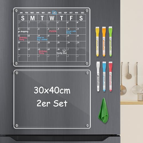 Boss 2PC Calendario magnetico in acrilico per frigorifero 30x40cm Pianificatore settimanale cancellabile con 6 pennarelli per la pianificazione dei menu e la lista della spesa