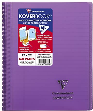 Clairefontaine Rif.  Quaderno a spirale Koverbook (160 pagine) Dimensioni 170 x 220 mm, rigatura a righe e margine, carta velina spazzolata 90 g/m², copertina in polipropilene viola