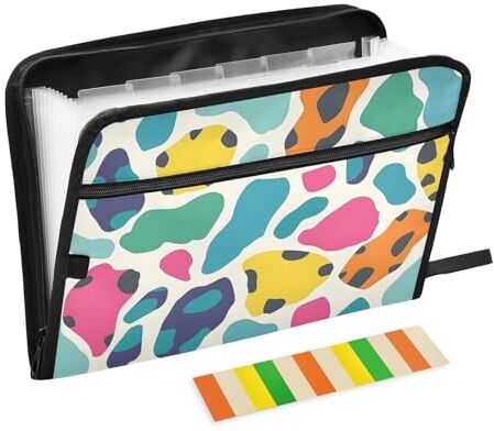 Generic Cartella portadocumenti espandibile con leopardi colorati, 13 tasche, organizer a fisarmonica con etichette adesive con cerniera, portatile, formato A4, organizer per documenti per casa, ufficio,