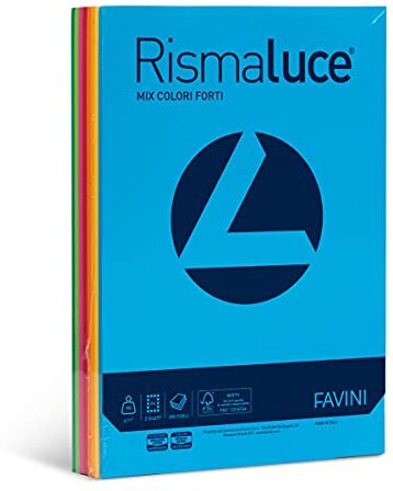 Favini Rismaluce Mix Risma di Carta da 90gr 300 fogli assortiti in 8 colori intensi formato A4 (21x29,7cm) Made in Italy