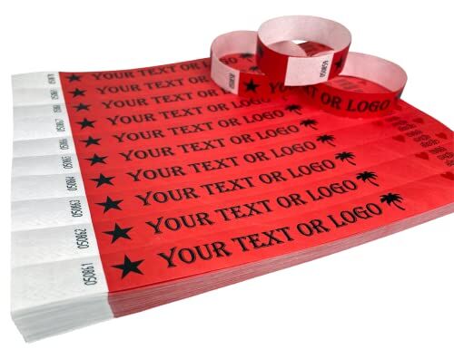 Studio 200 Braccialetti Rosso Polsini stampati personalizzati di Tyvek con il vostro testo o logo personalizzato per eventi, feste, festival, ID